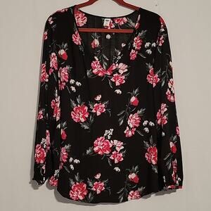 Old Navy Floral Long Sleeve Split Neck Tunic Top sz XXL Black Pink Boho Peasant
